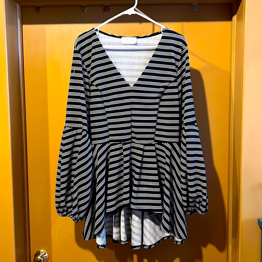 Plus size black and white strip peplum hi-low dress blouse